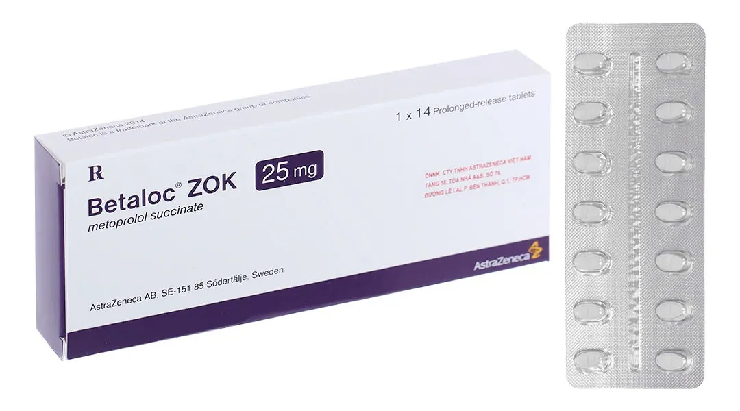 Betaloc Zok 25mg Astrazeneca (H/14v) - Viên phóng thích kéo dài Metoprolol succinate kiểm soát huyết áp & đau thắt ngực hiệu quả, kéo dài